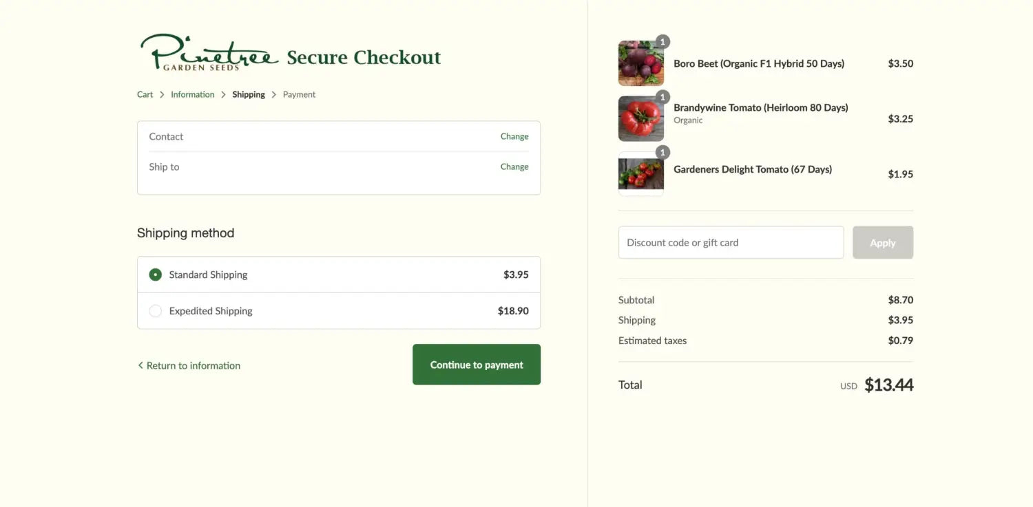 Shipping options on small business seed store's secure checkout page.