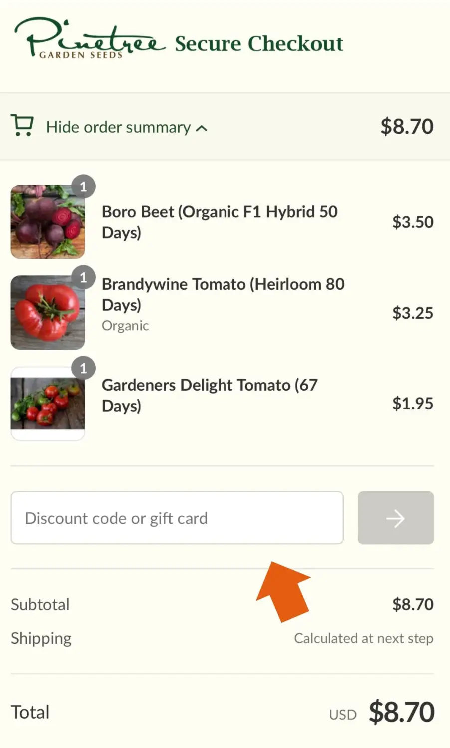 Garden seed company discount and gift card checkout page, with two light red tomato varieties and one dark red Boro Beet.