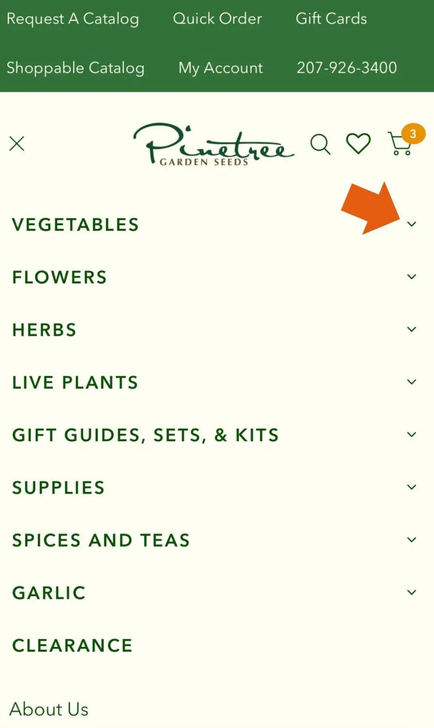 Drop down menu with types of garden seed varieties listed.
