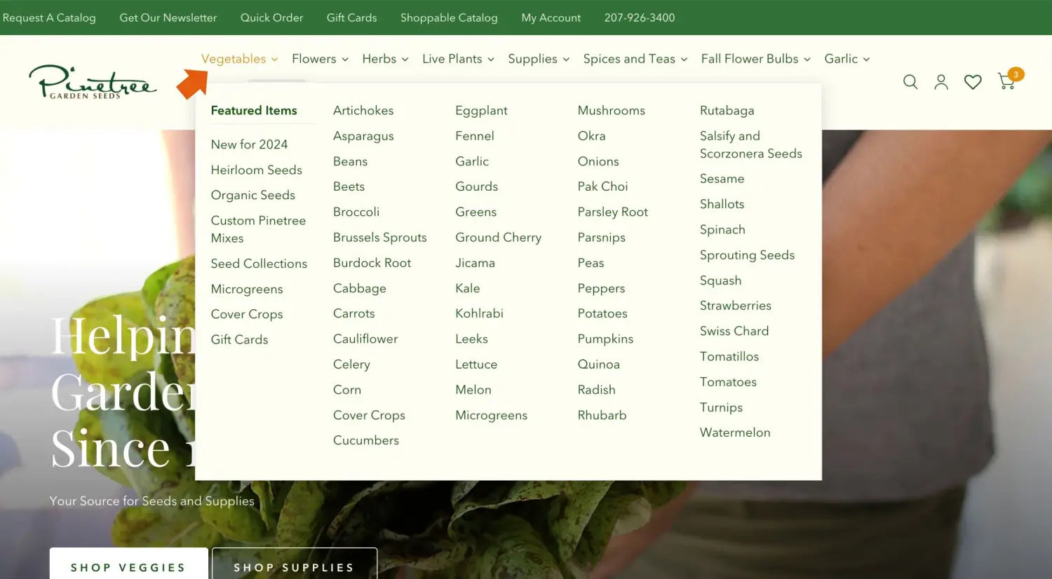 Vegetable seed variety list on small business's homepage.