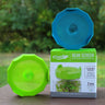 Blue and green bean screen sprouting lids for mason jars with a natural background.